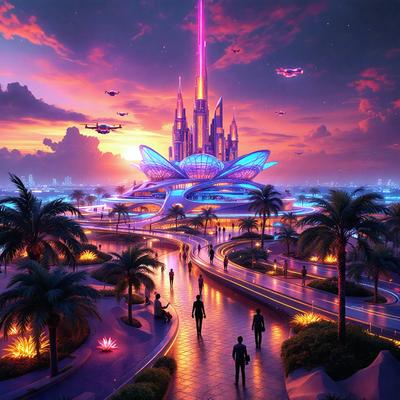 The primary subject of the image is a futuristic city with a large, illuminated building and a bridge. The setting is a cityscape with a mix of futuristic and traditional elements. The visual style is a digital art or illustration, creating a vibrant and dynamic atmosphere. The colors and mood are predominantly pink and purple, giving the scene a unique and captivating appearance.